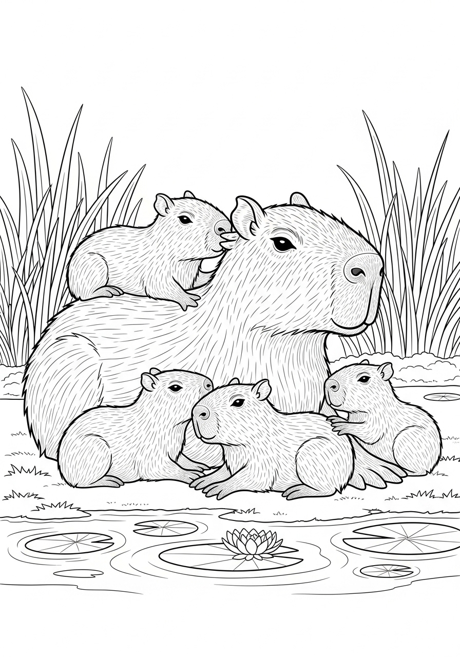 Desenho de Capivara com os filhotes para imprimir e colorir