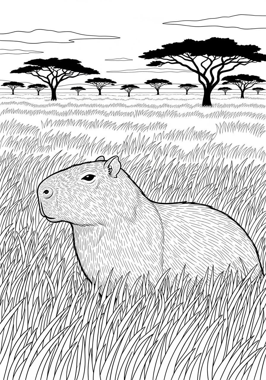 Desenho de Capivara descansando na grama para colorir