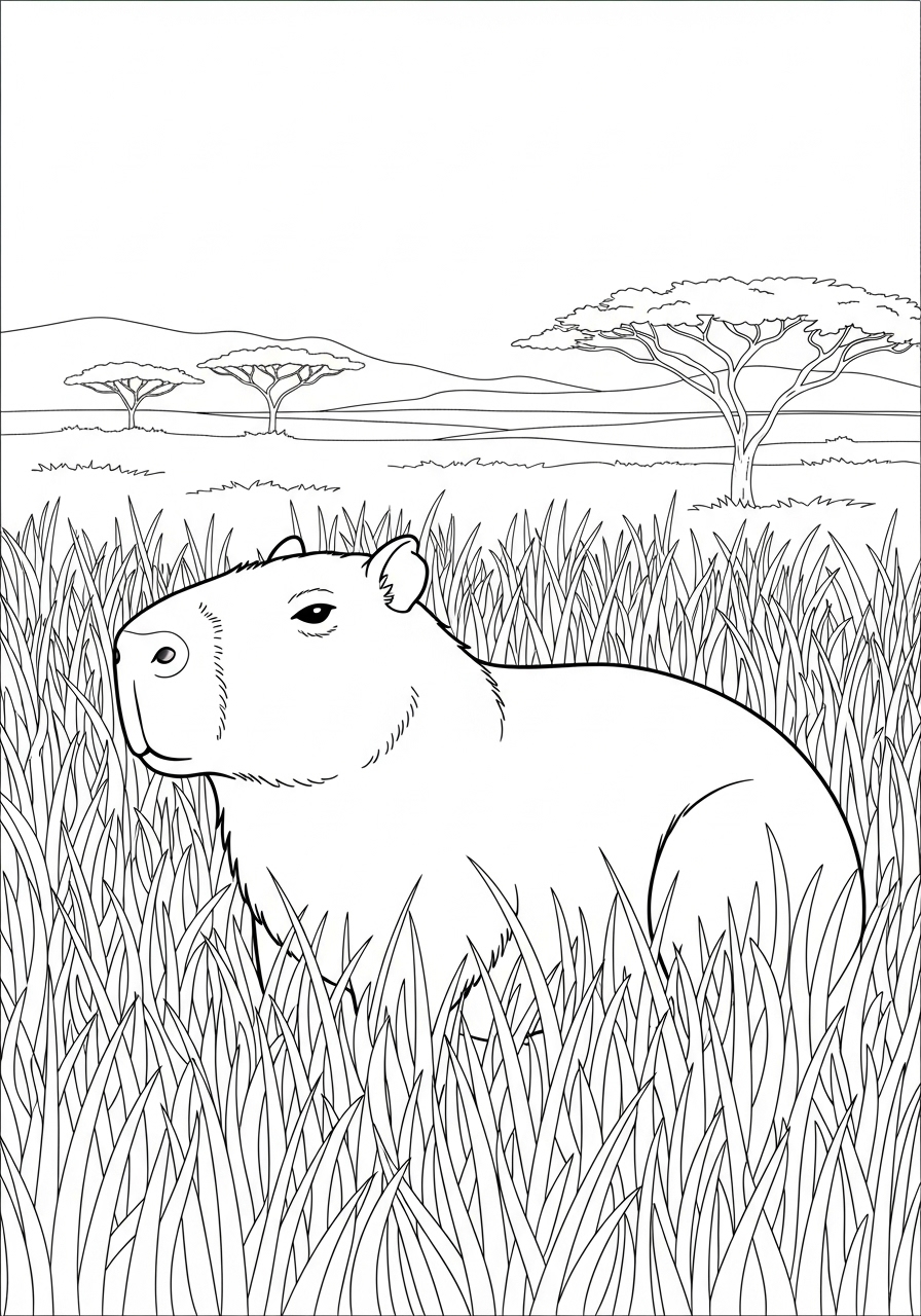 Desenho de Capivara descansando na grama para colorir