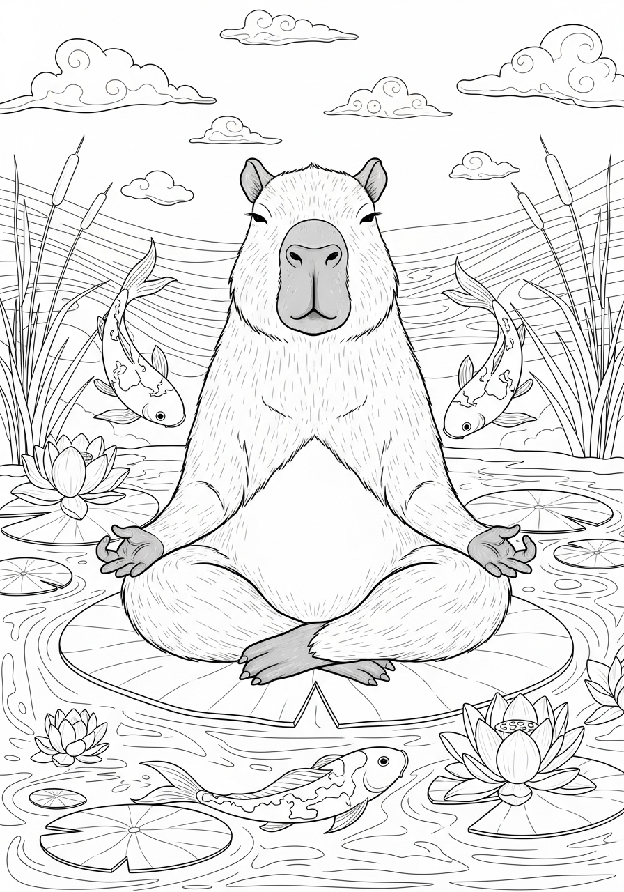 Desenho de Capivara meditando em meio a peixes para colorir