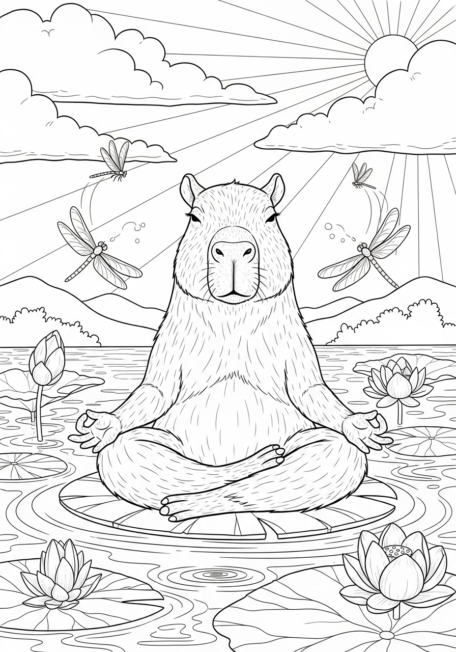 Desenho de Capivara meditando em lago com flores para colorir