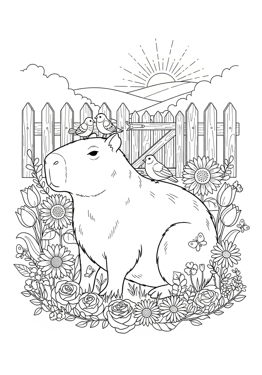 Desenho de Capivara cercada por flores e pássaros