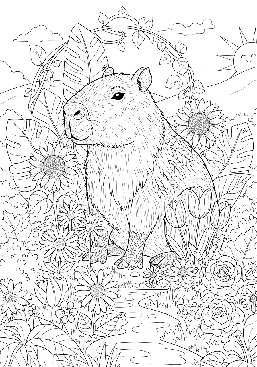 Desenho de Capivara rodeada de flores para imprimir e colorir