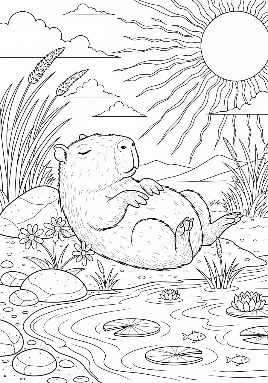 Desenho de Capivara descansando perto da água para colorir