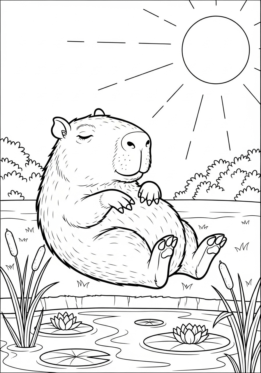 Desenho de Capivara relaxando à beira do lago para colorir