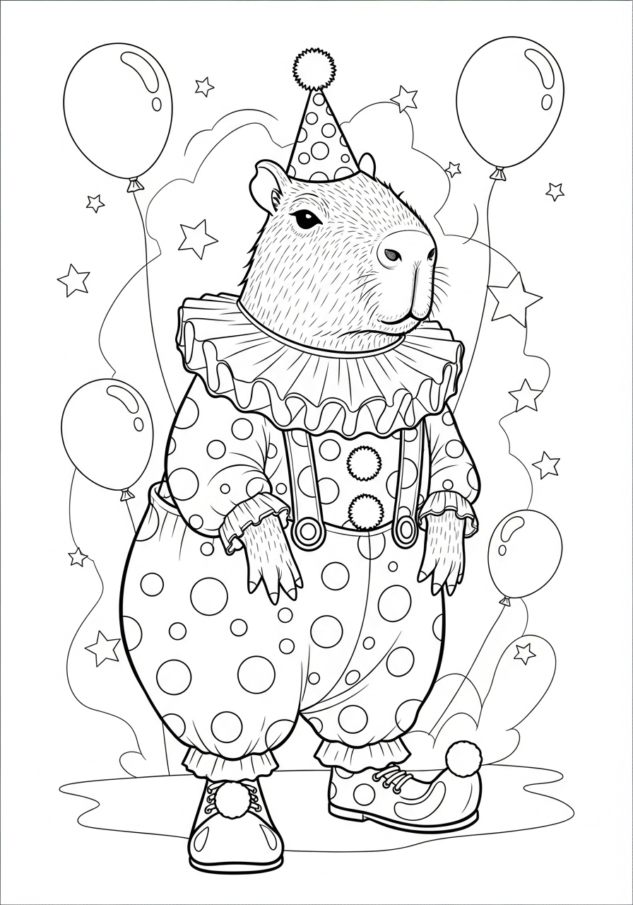 Desenho de Capivara palhaço com balões para colorir