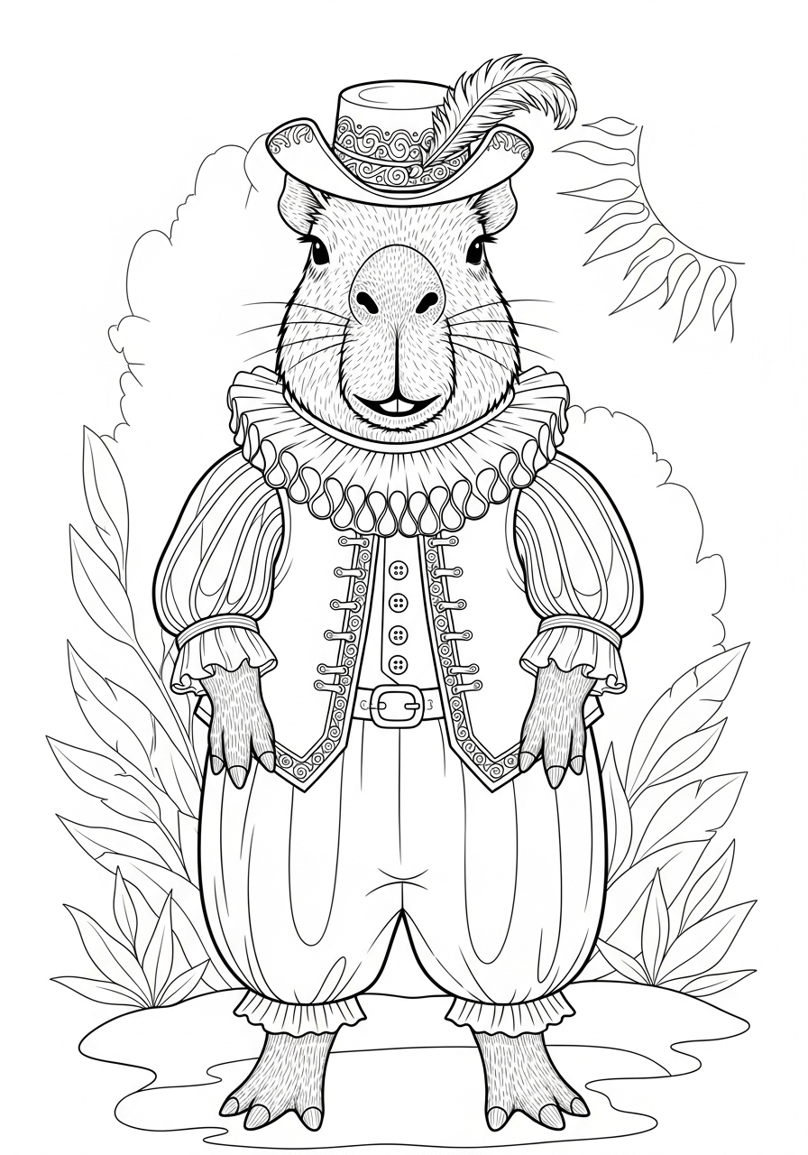Desenho de Capivara com roupas elegantes para imprimir e colorir