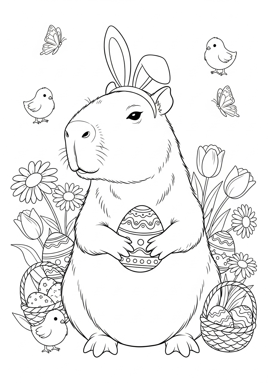Desenho de Capivara com ovos de Páscoa para colorir