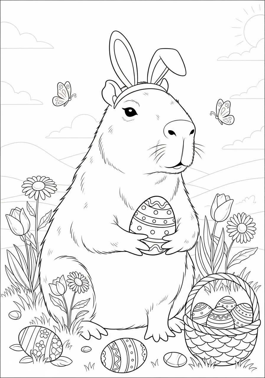 Desenho de Capivara com orelhas de coelho segurando ovo