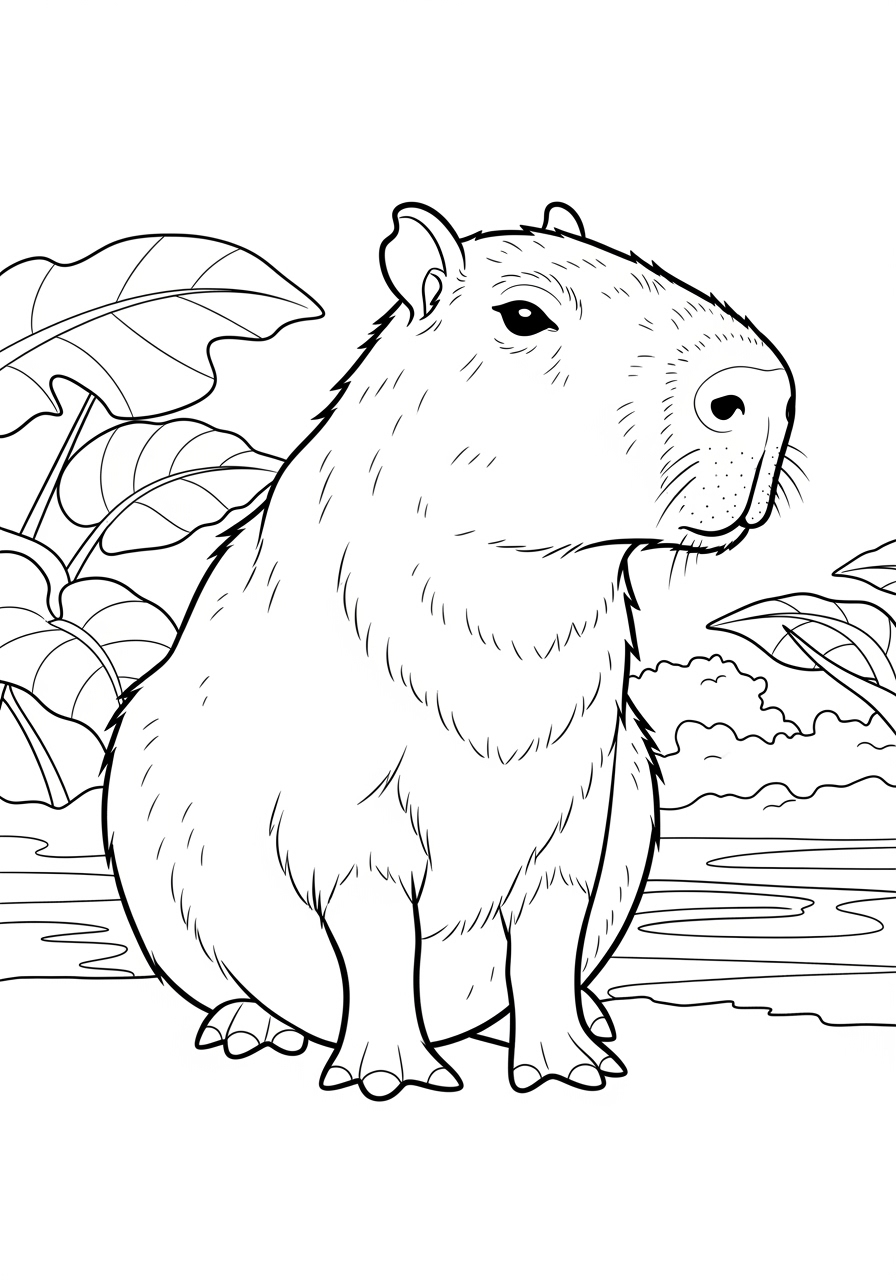 Desenho de Capivara sentada com vegetação para colorir