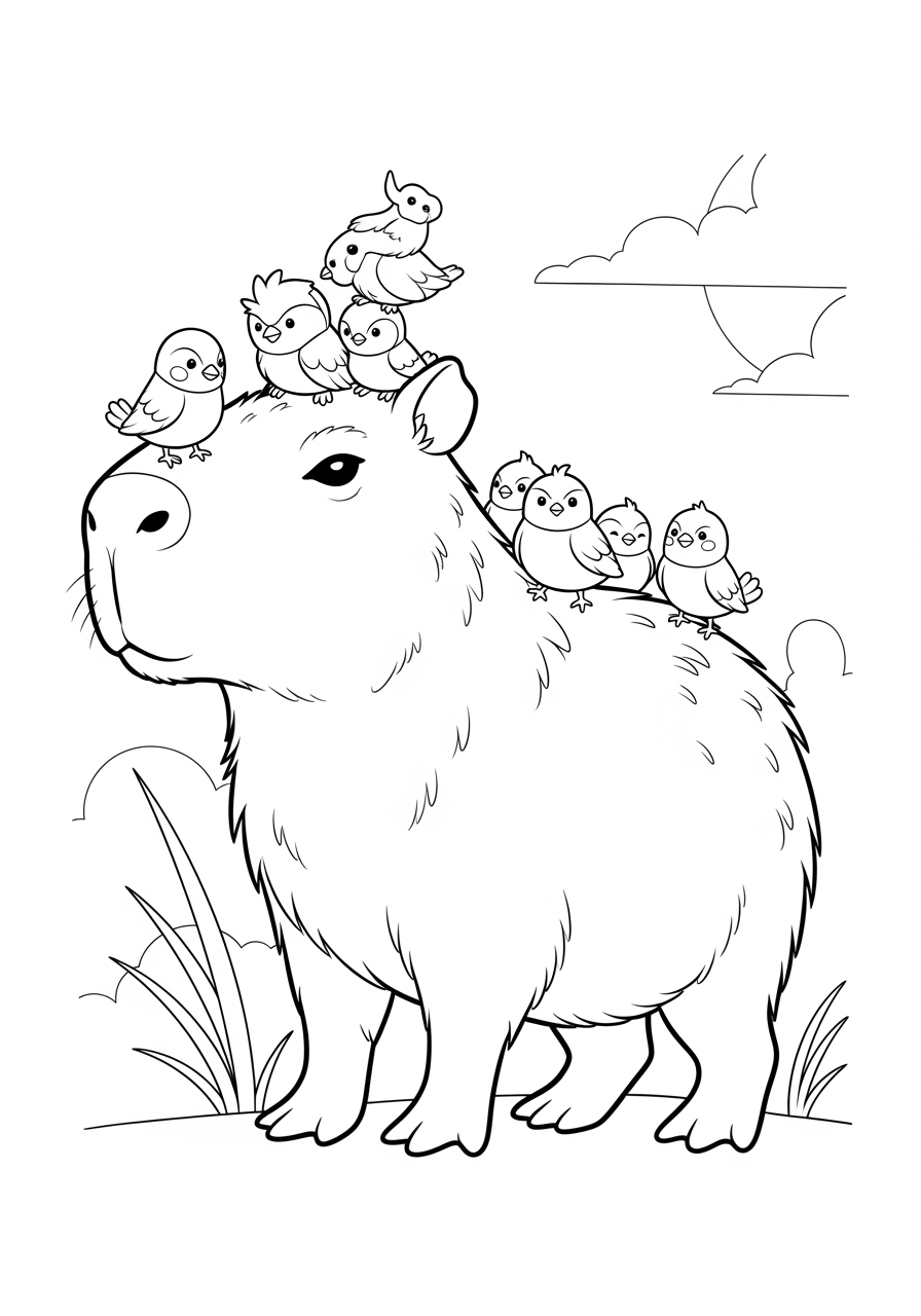 Desenho de Capivara com pássaros para imprimir e colorir