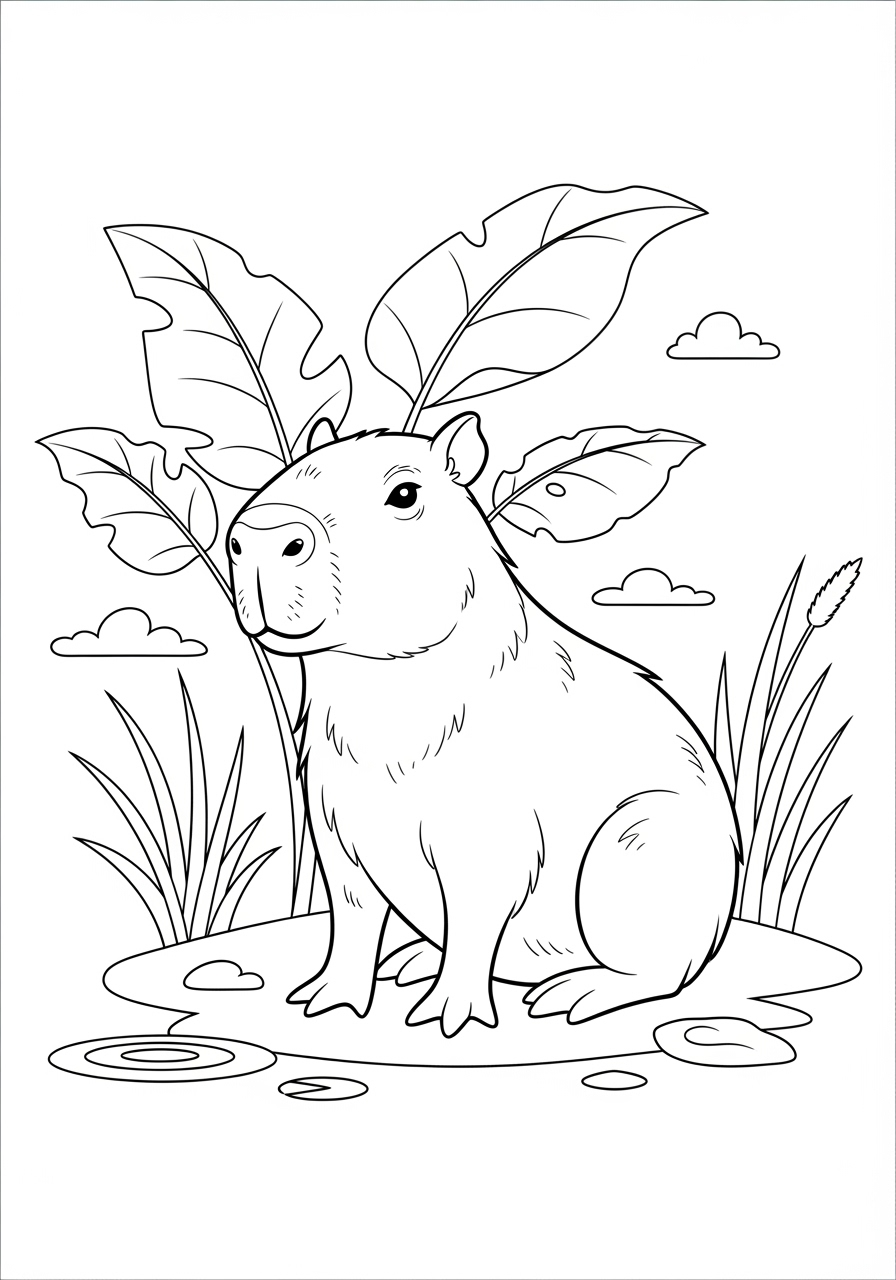 Desenho de Capivara em lagoa com plantas para colorir