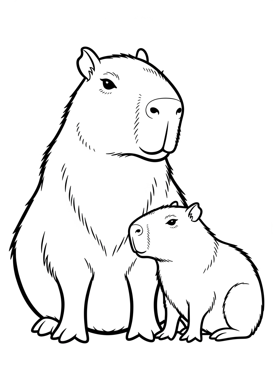 Desenho de Capivara mãe com filhote para imprimir e colorir