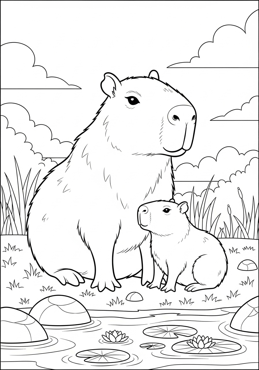 Desenho de Capivara e filhote para imprimir e colorir