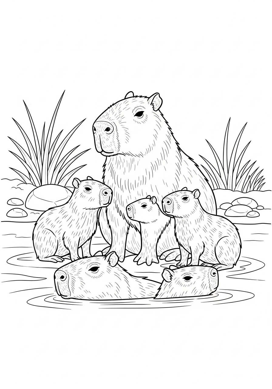 Desenho de Capivara e filhotes em cena para colorir