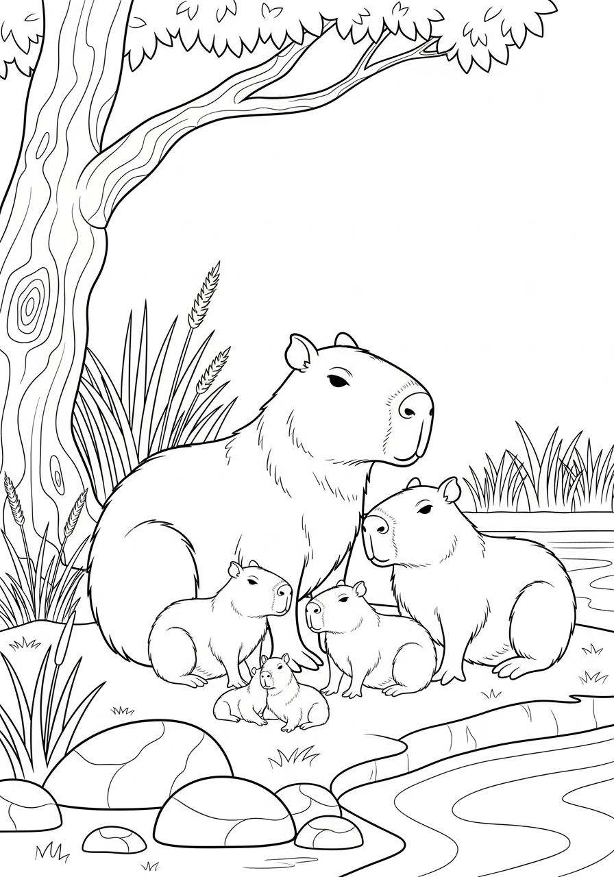 Desenho de Capivara com filhotes em cenário natural