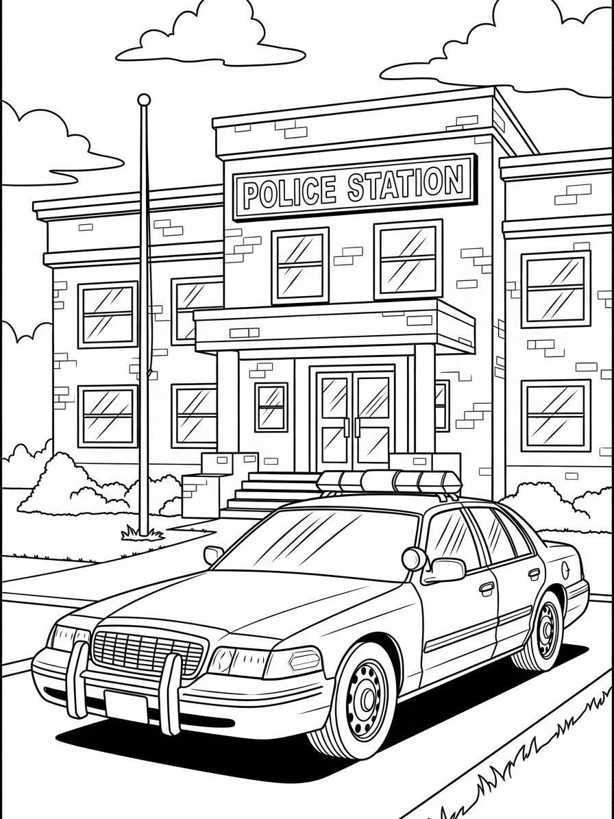 Desenho do Carro da Polícia estacionado em frente à delegacia para colorir