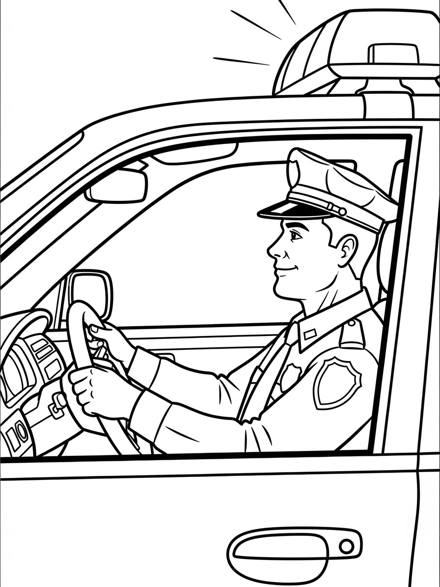 Desenho do Carro da Polícia com policial dirigindo para colorir