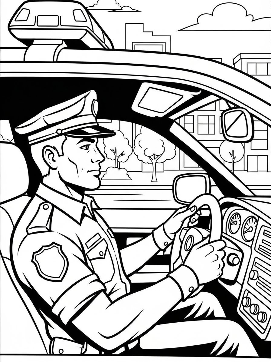 Desenho do Carro da Polícia com policial dirigindo para colorir