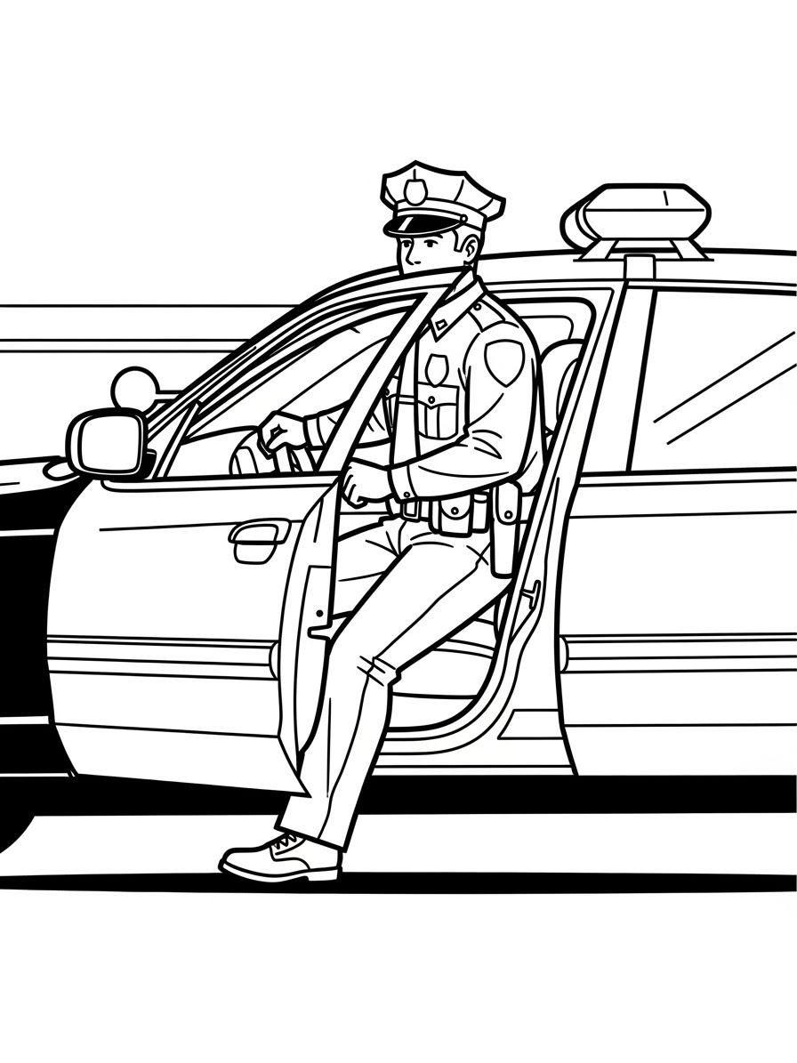 Desenho do Carro da Polícia com policial saindo para colorir
