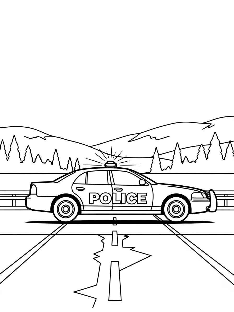 Desenho do Carro da Polícia em uma estrada para colorir