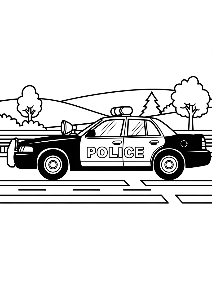 Desenho do Carro da Polícia em uma estrada para colorir