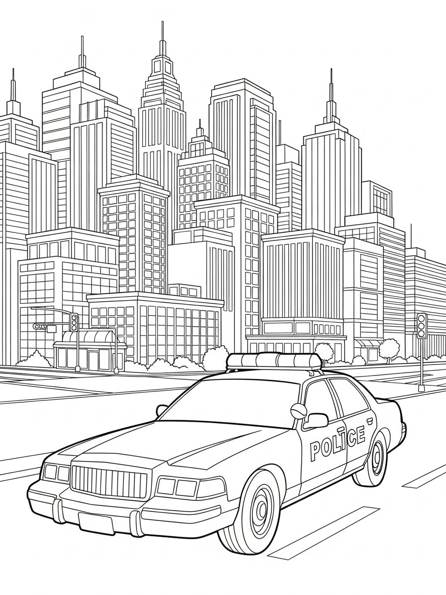 Desenho do Carro da Polícia na cidade grande para colorir