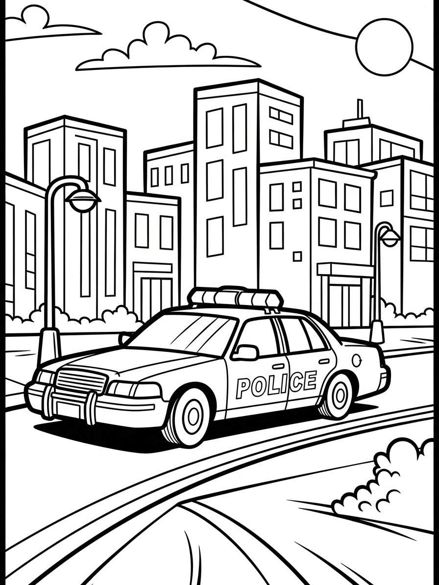 Desenho do Carro da Polícia na cidade para colorir