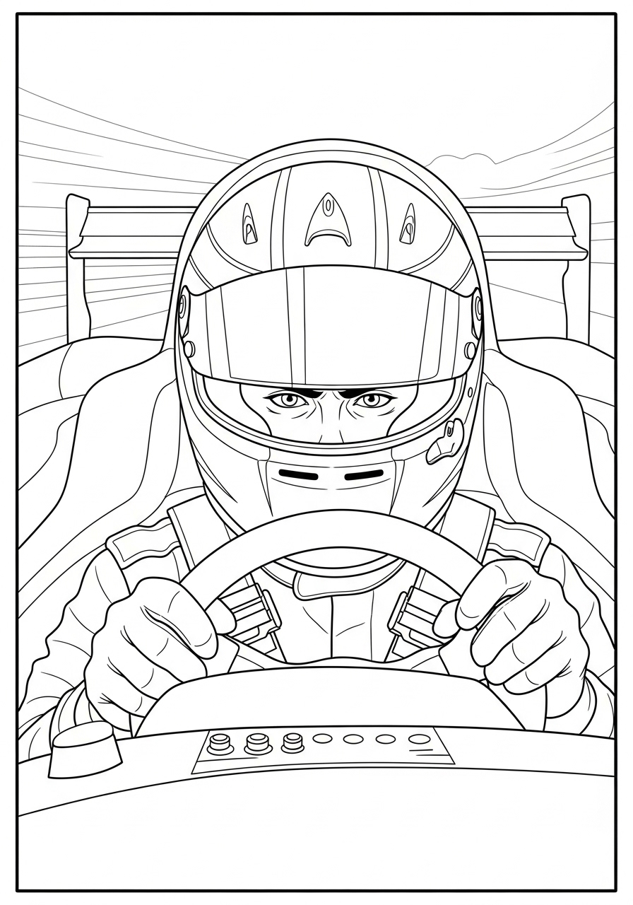 Desenho de Carro de Corrida F1 com piloto a lápis para colorir