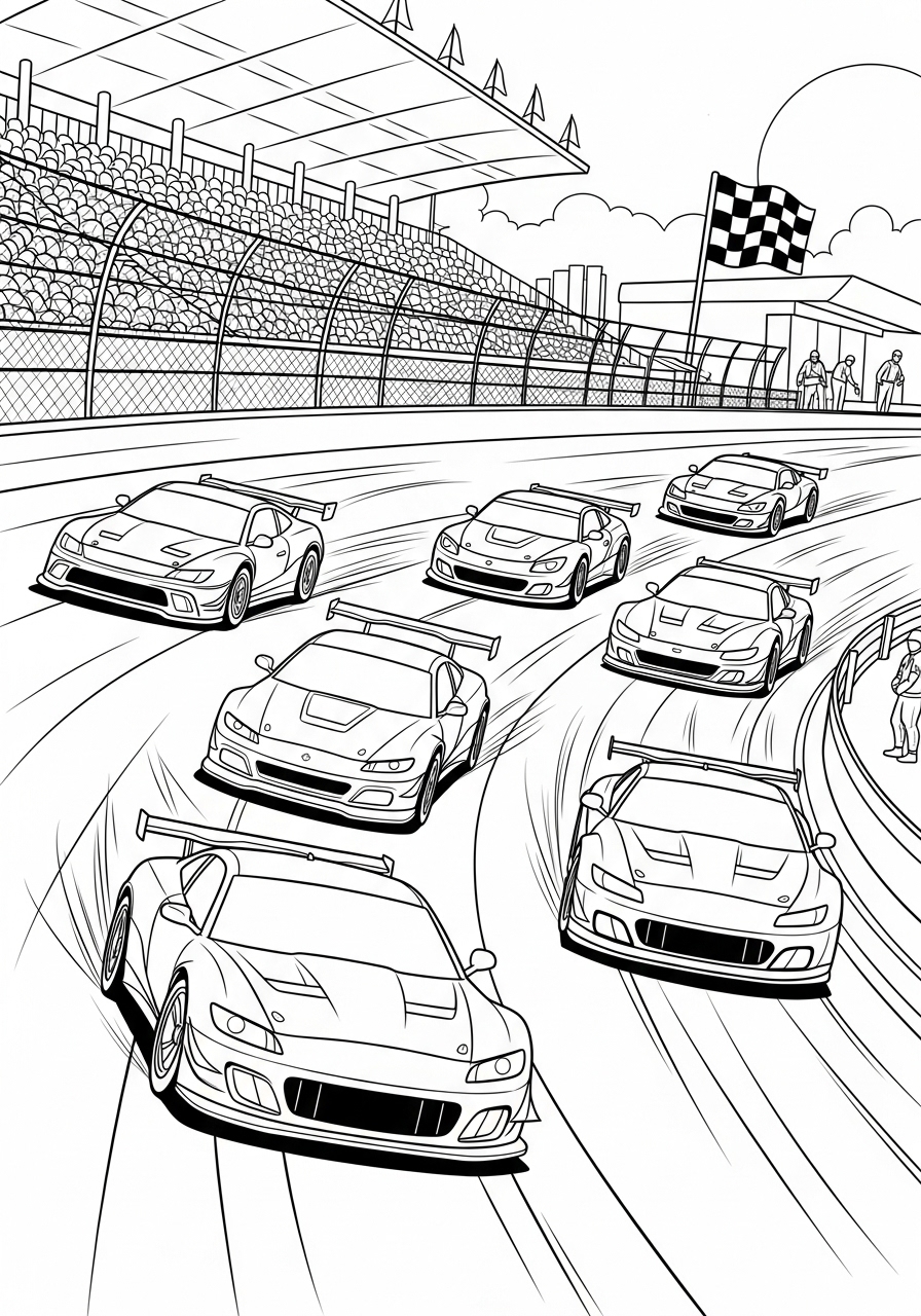 Desenho de Carros de Corrida na pista para colorir
