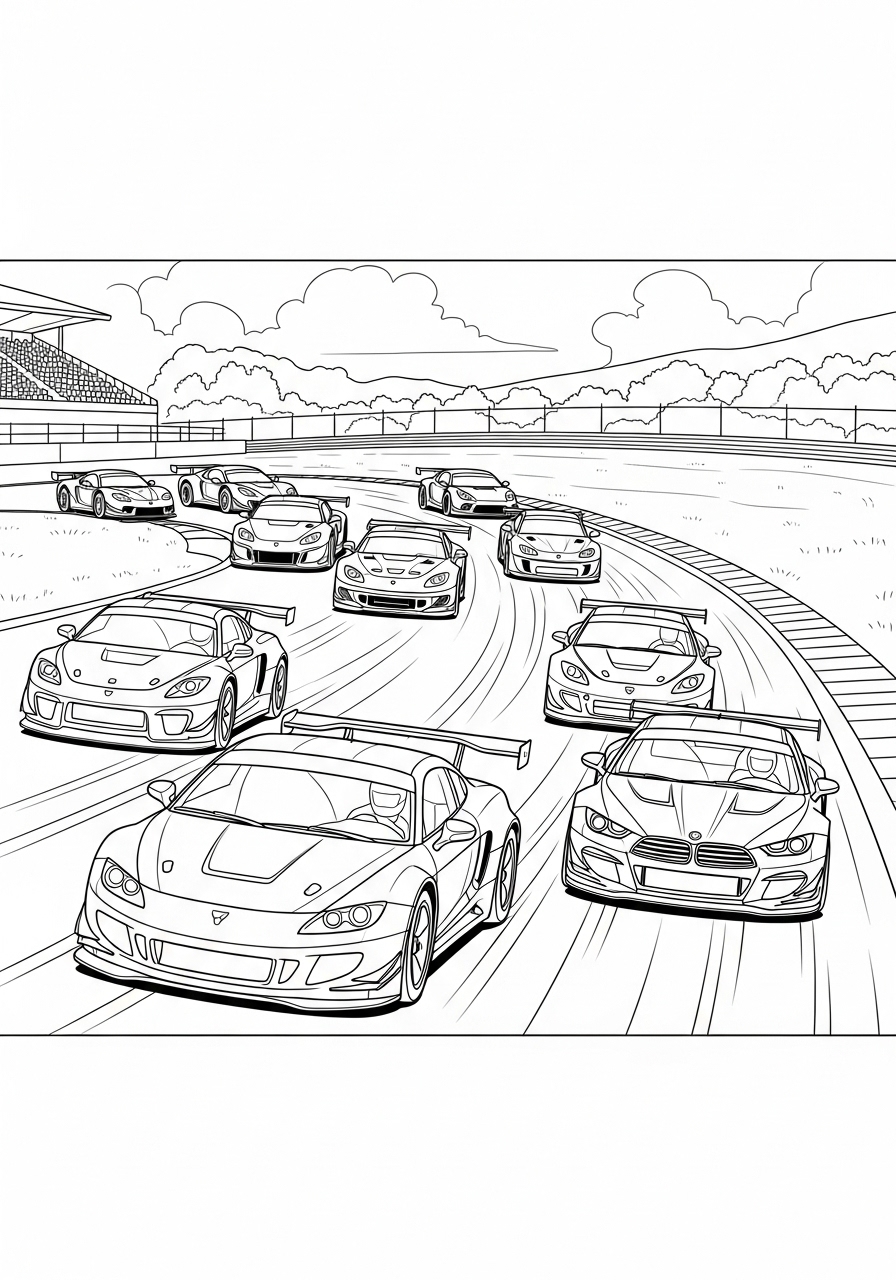Desenho de Carros de Corrida em pista para colorir