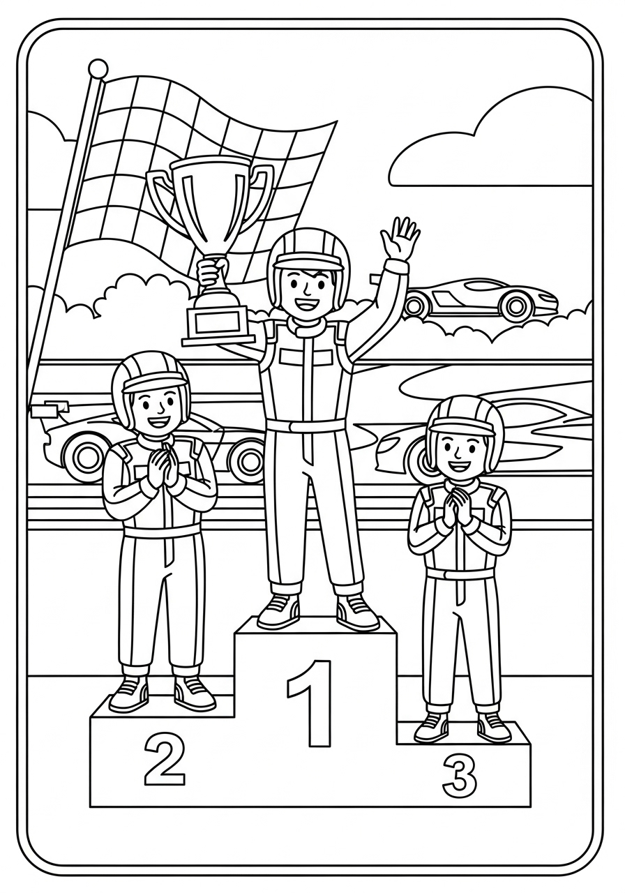 Desenho de Campeões de Corrida no pódio para colorir