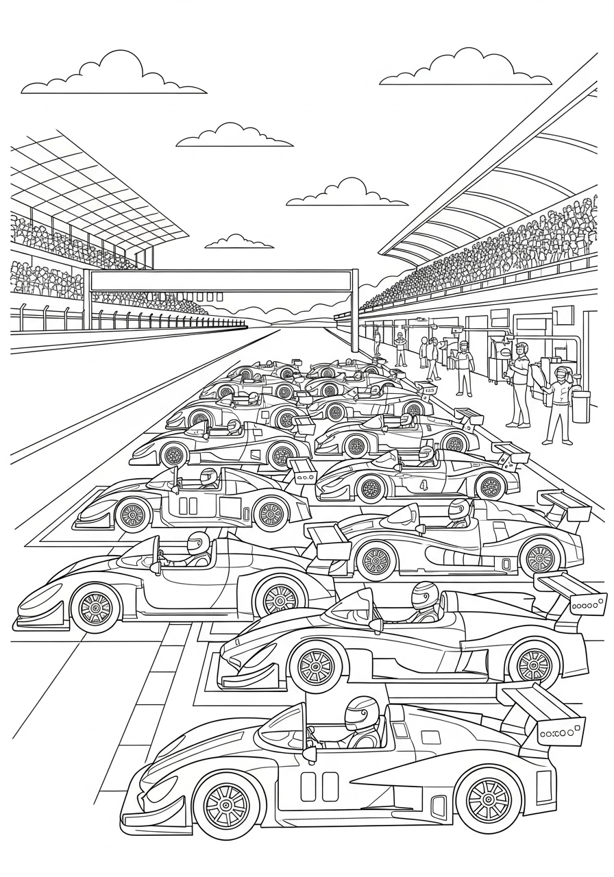 Desenho de Carro de Corrida em box para colorir