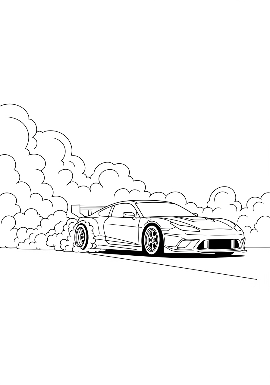 Desenho de Carro de Corrida Drift com fumaça para colorir