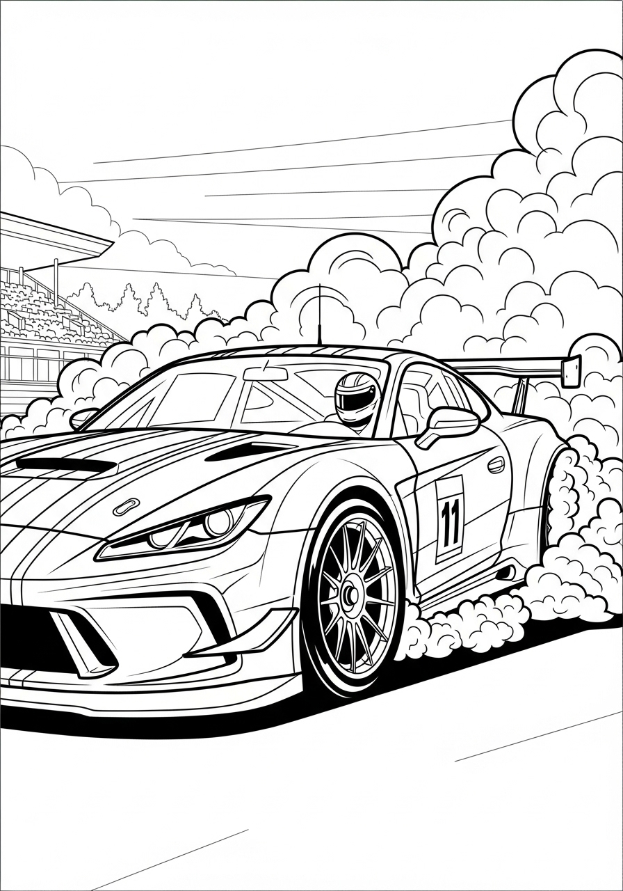 Desenho de Carro de Corrida Drift soltando fumaça para colorir
