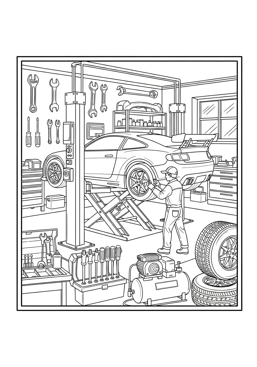 Desenho de Carro de Corrida em oficina para colorir
