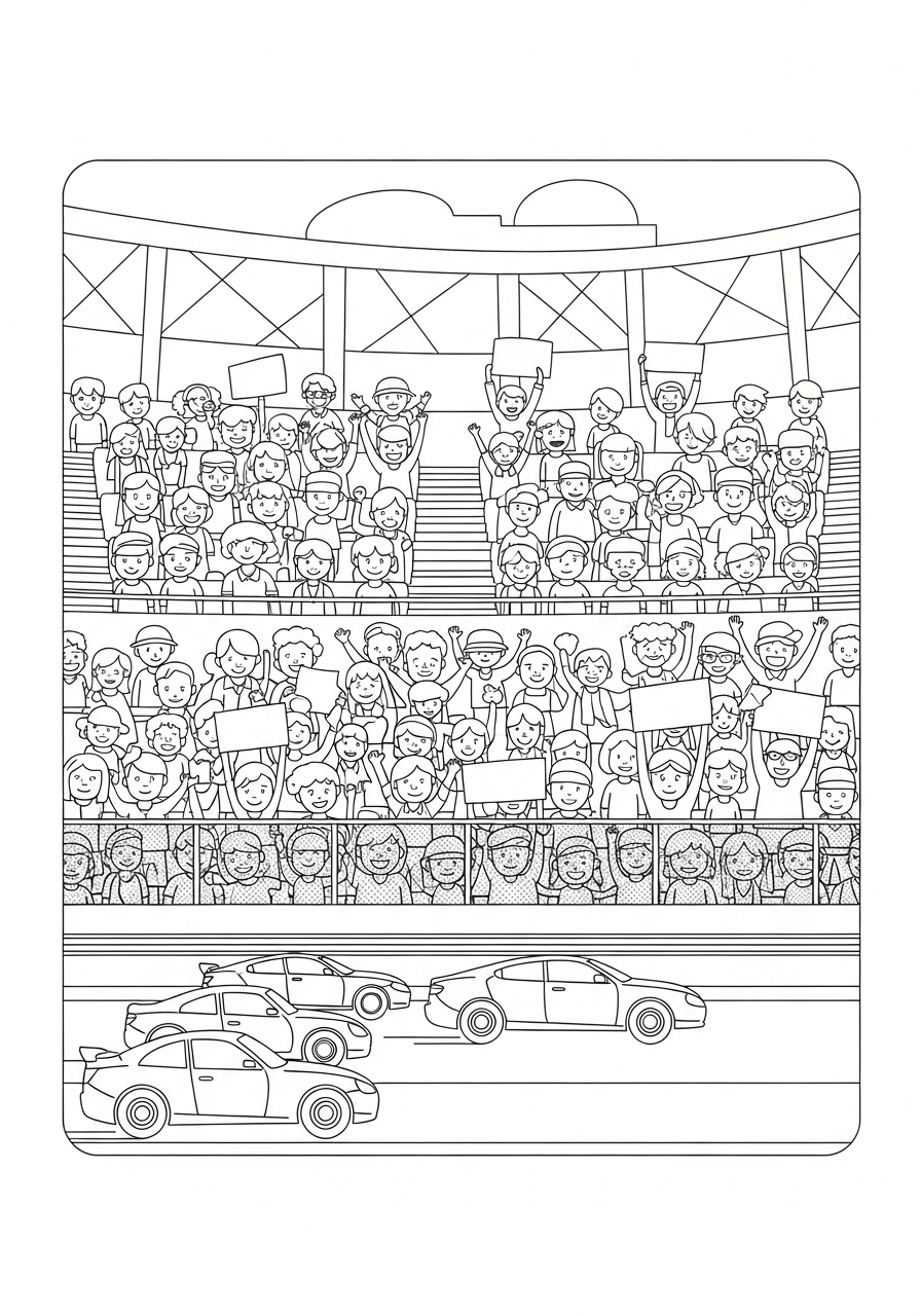Desenho de Carros de Corrida e torcida para colorir