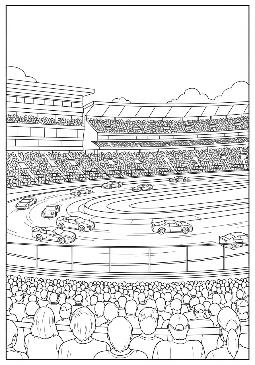 Desenho de Carro de Corrida em pista com público para colorir