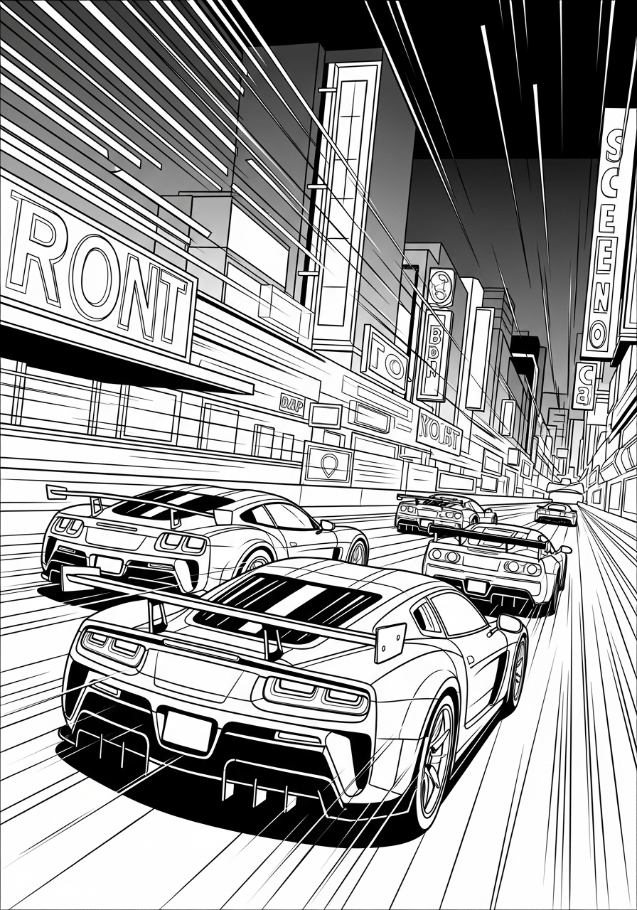 Desenho de Carro de Corrida em alta velocidade na cidade