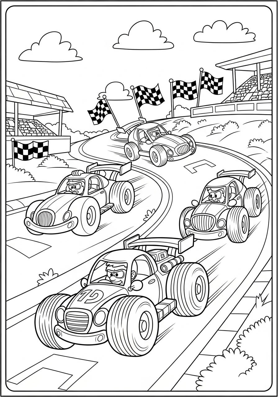 Desenho de Carros de Corrida NASCAR na pista para colorir