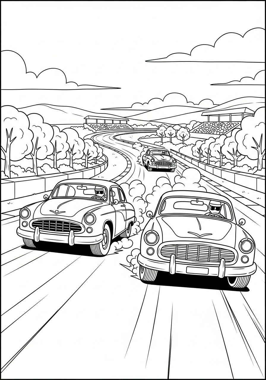 Desenho de Carros de Corrida clássicos na pista para colorir