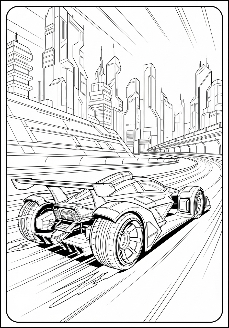 Desenho de Carro de Corrida em cidade futurista para colorir