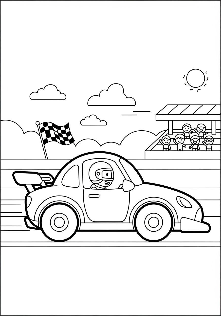 Desenho de Carro de Corrida fofinho na pista para colorir