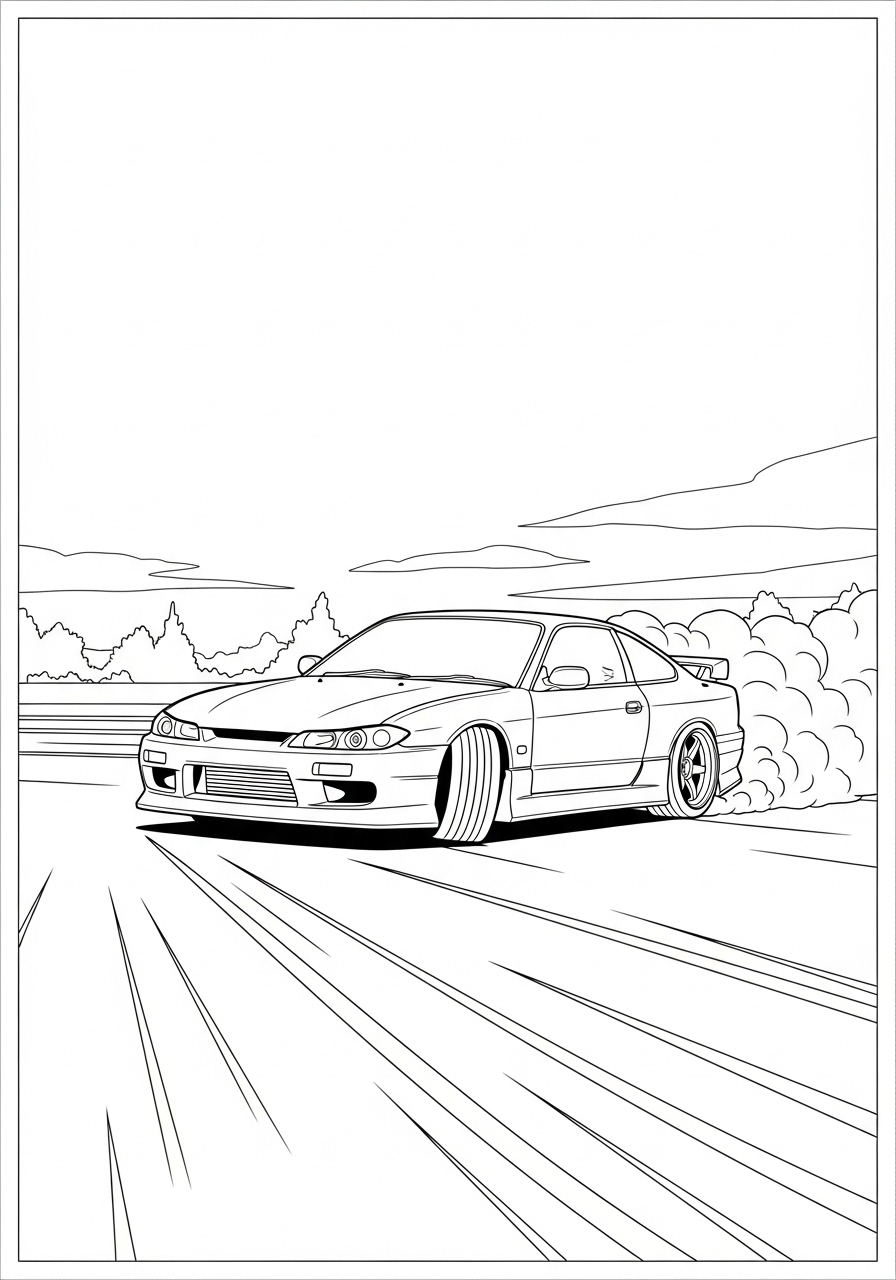 Desenho de Carro de Corrida Drift na pista para colorir