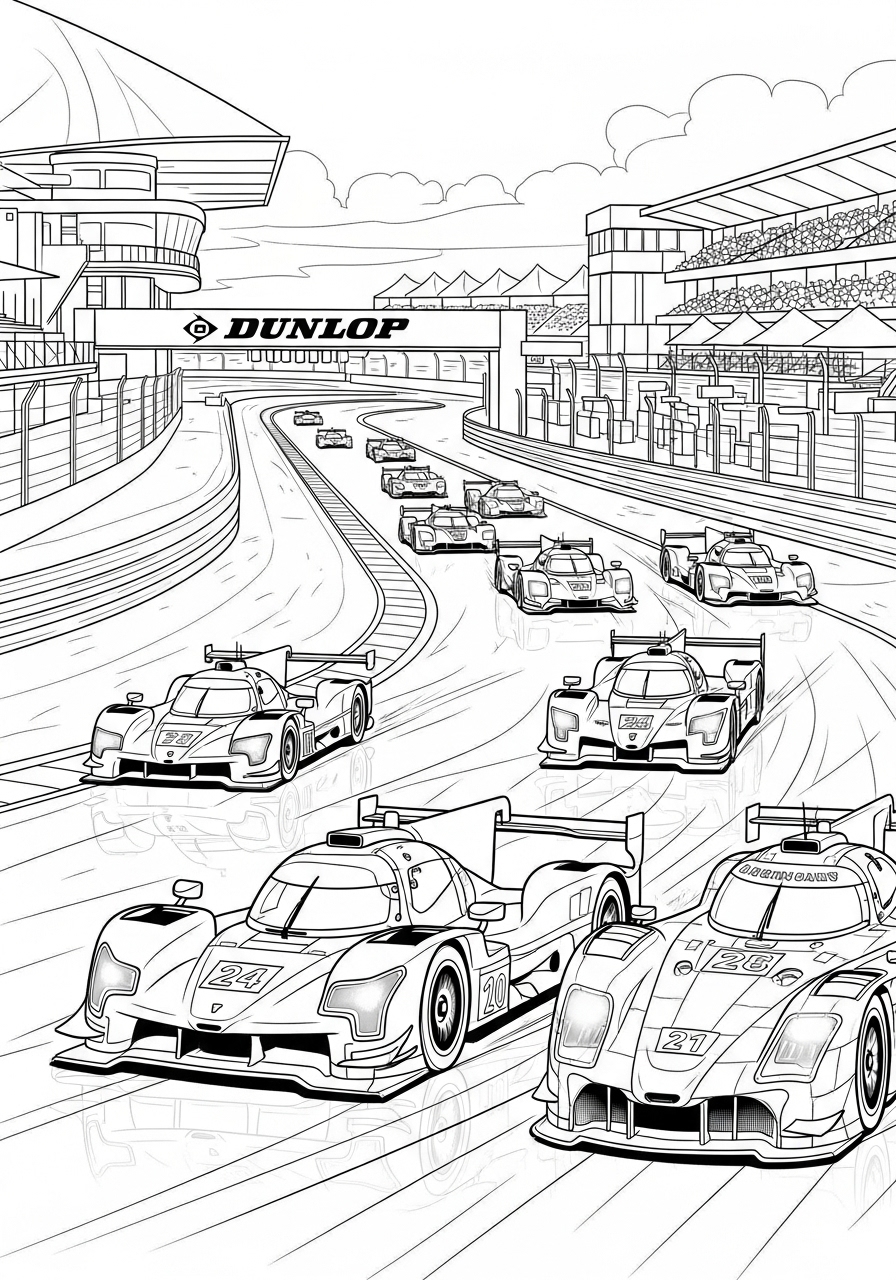 Desenho de Carros de Corrida em uma pista para colorir