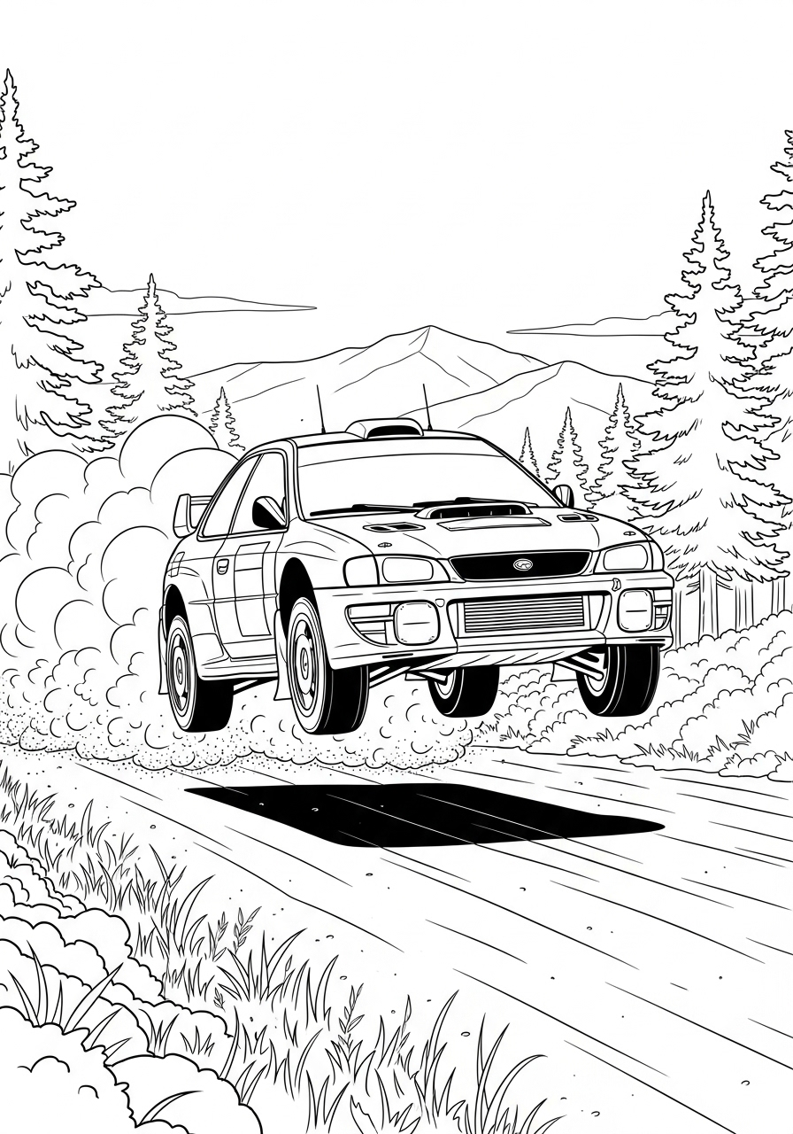 Desenho de Carro de Corrida Rally saltando na pista para colorir