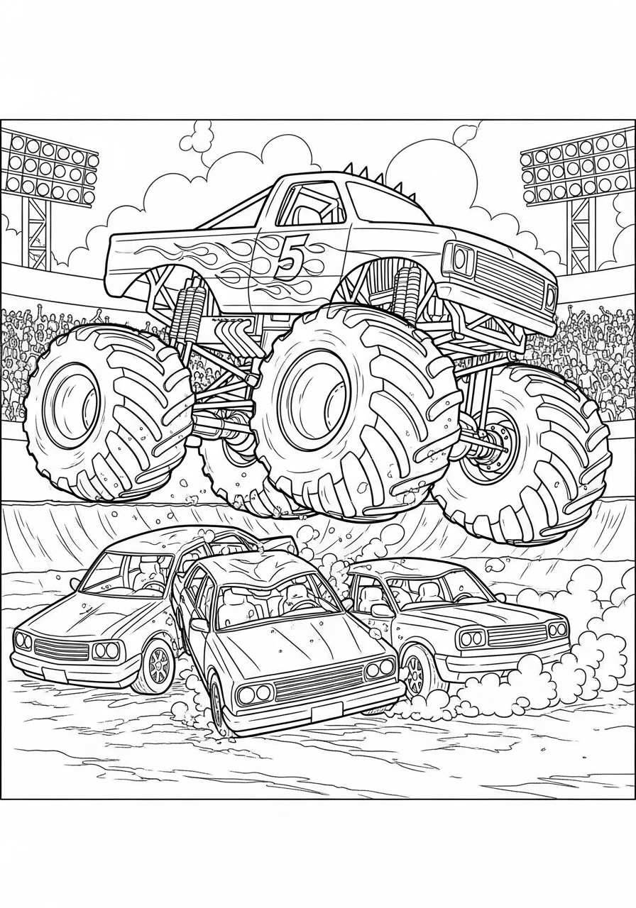 Desenho de Carro Monstro saltando sobre carros para colorir