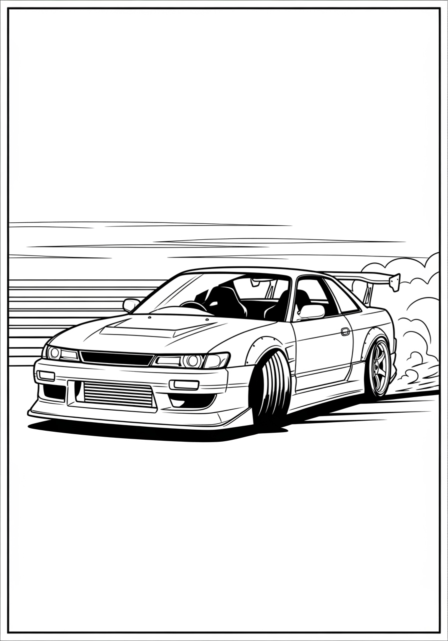 Desenho de Carro de Corrida Drift em movimento para colorir