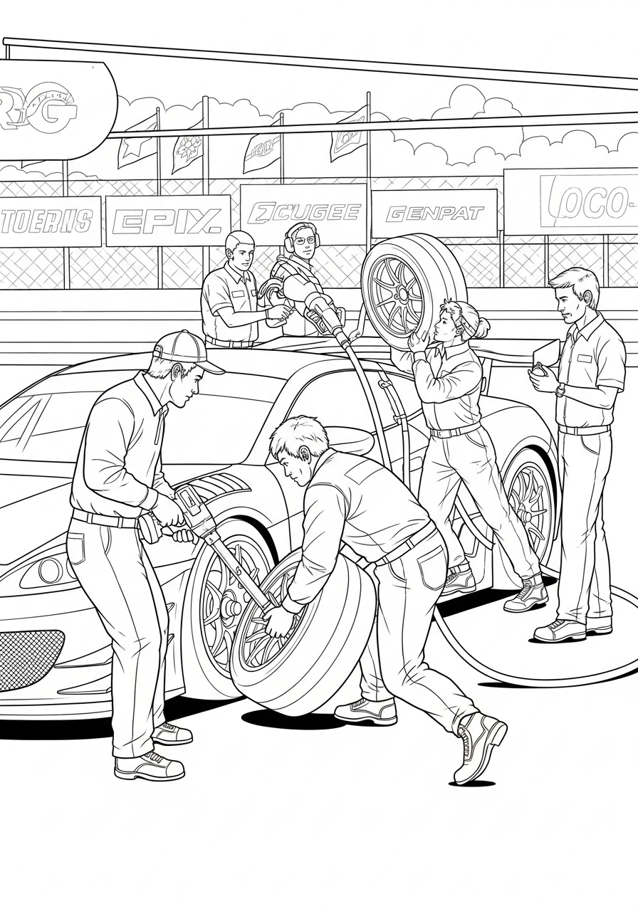 Desenho de Carro de Corrida na box para colorir