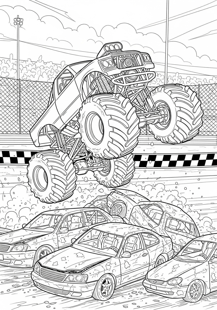 Desenho de Carro de Corrida Monstro saltando sobre carros para colorir